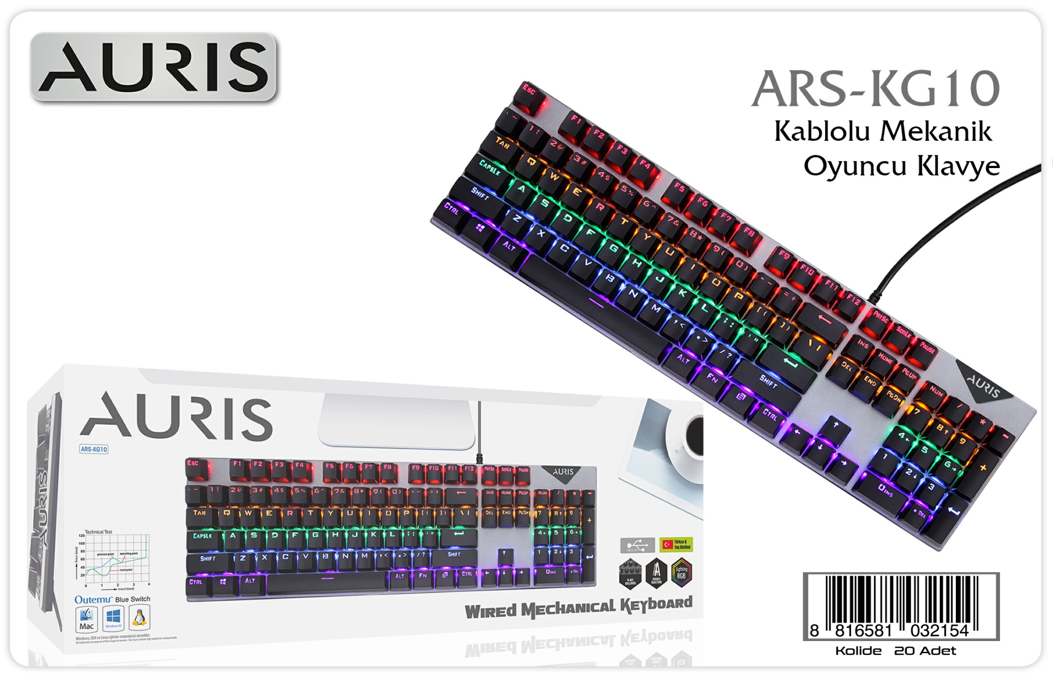 Auris ARS-KG10 Kablolu RGB  50 milyon tuş ömürlü Mavi Switch Mekanik Klavye